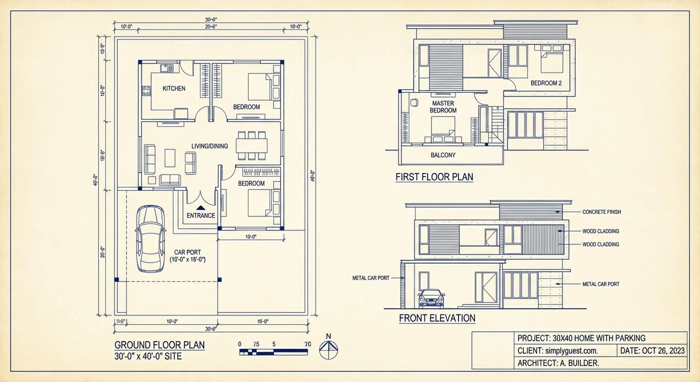 Floor plan and elevation for a 30x40 home with parking