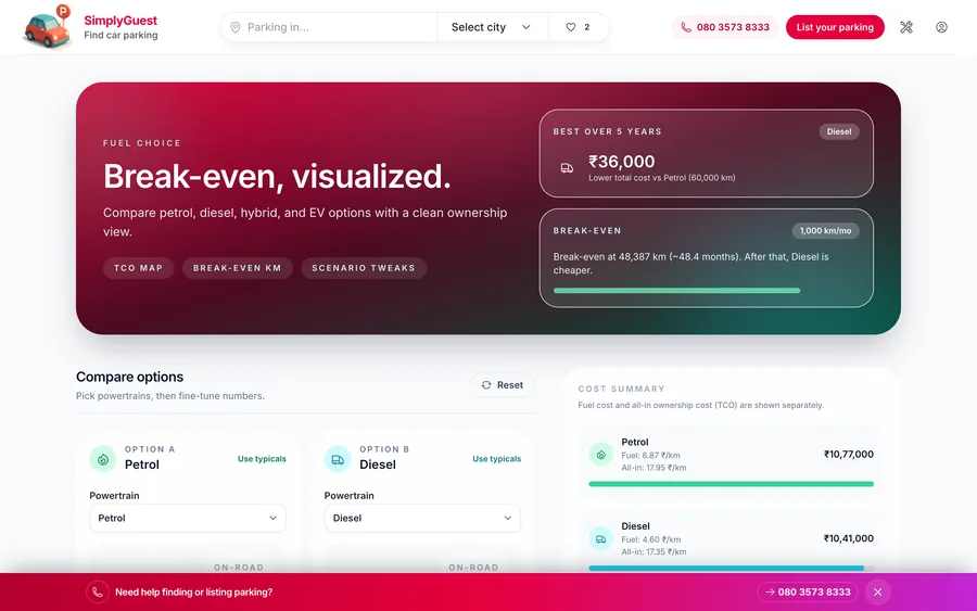 Fuel cost break-even calculator showing inputs and a comparison summary.