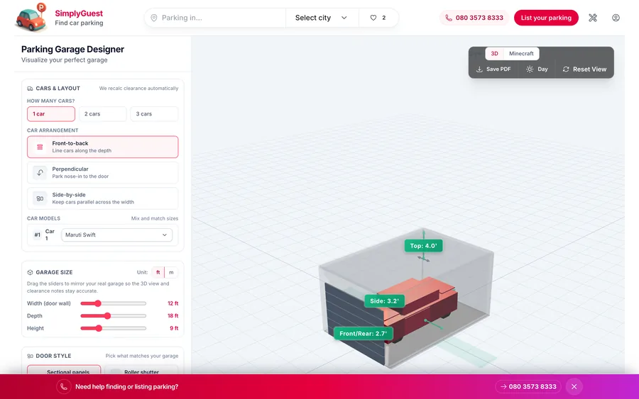 The Parking Garage Designer showing garage dimensions, car model, and clearance.