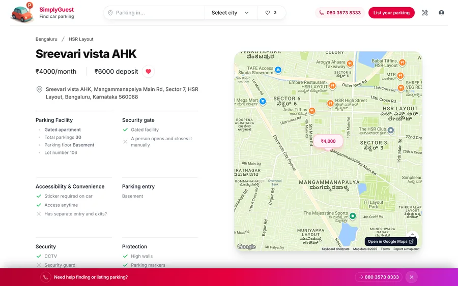 A parking listing page with detailed information and location context.