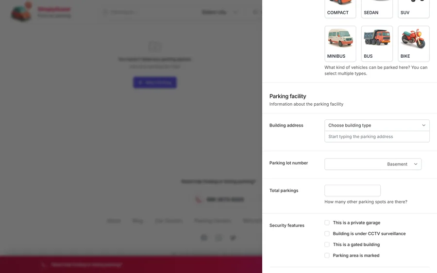 A parking listing form showing the address input for pinning the location.