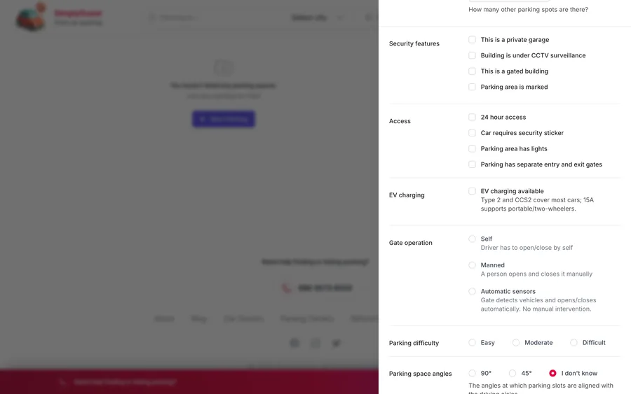 A parking listing form showing the EV charging option.