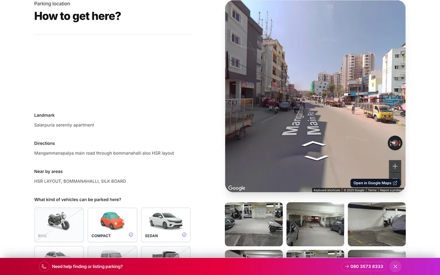A parking listing with Street View shown on the page.